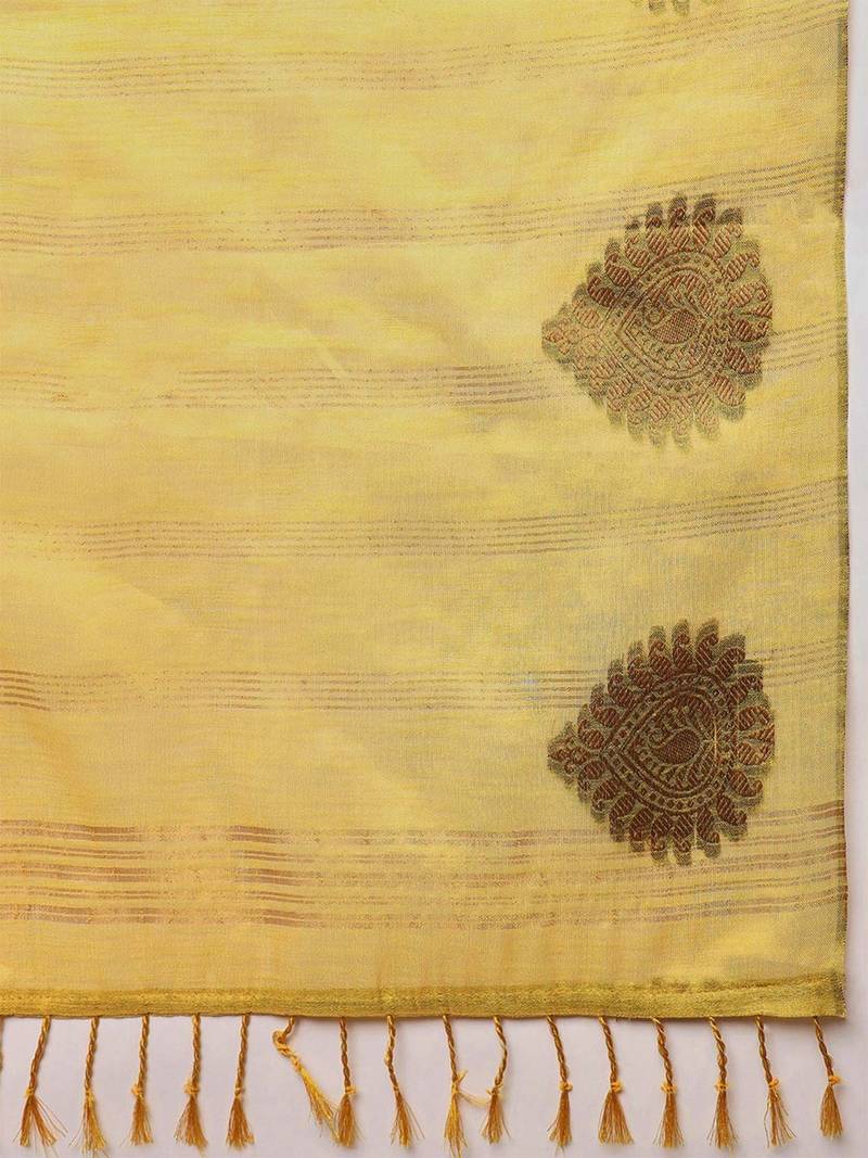 Yellow ethnic motifs linen blend handloom banarasi saree