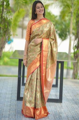 Green classic indian silk rich woven pallu design sarees