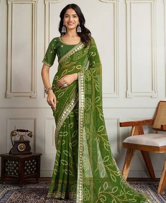 Olive bandhani printed with embroidered saree with unstitched blouse 1