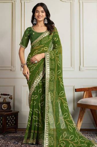 Olive bandhani printed with embroidered saree with unstitched blouse