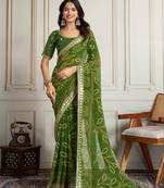 Olive bandhani printed with embroidered saree with unstitched blouse