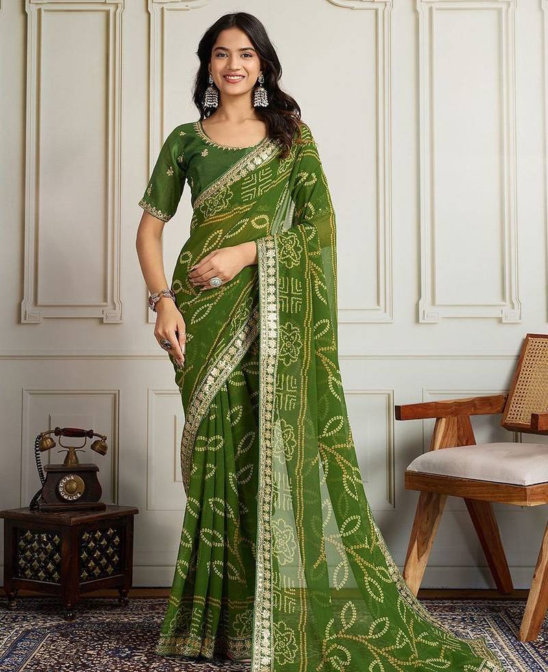 Olive bandhani printed with embroidered saree with unstitched blouse