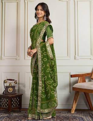 Olive bandhani printed with embroidered saree with unstitched blouse 2