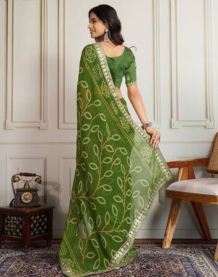 Olive bandhani printed with embroidered saree with unstitched blouse 3