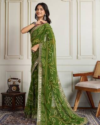 Olive bandhani printed with embroidered saree with unstitched blouse 4