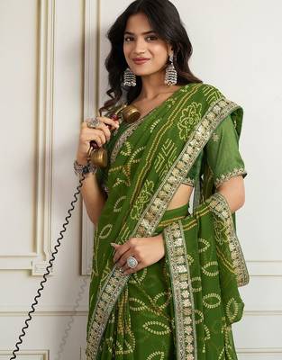 Olive bandhani printed with embroidered saree with unstitched blouse 5
