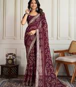 Purple bandhani printed with embroidered saree with unstitched blouse