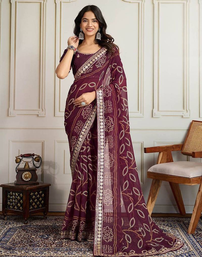 Purple bandhani printed with embroidered saree with unstitched blouse
