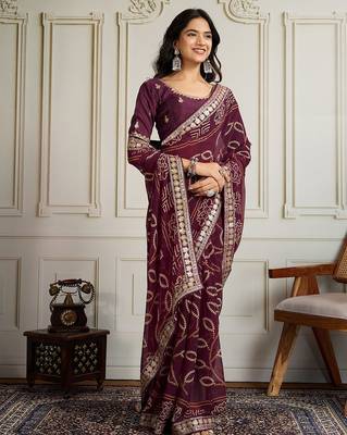 Purple bandhani printed with embroidered saree with unstitched blouse 2