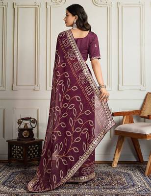Purple bandhani printed with embroidered saree with unstitched blouse 3