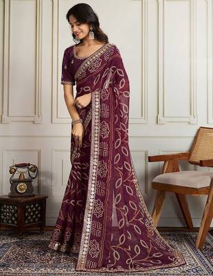 Purple bandhani printed with embroidered saree with unstitched blouse 4