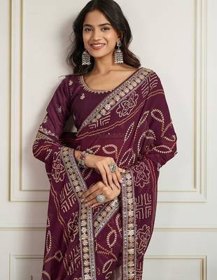 Purple bandhani printed with embroidered saree with unstitched blouse 5