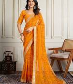Yellow bandhani printed embroidered pure georgette bandhani saree