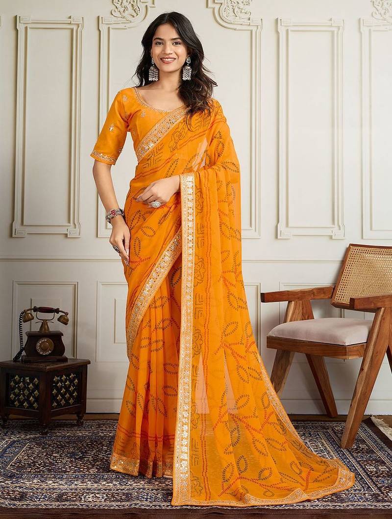 Yellow bandhani printed embroidered pure georgette bandhani saree