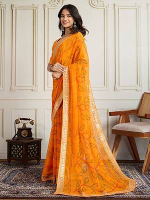 Yellow bandhani printed embroidered pure georgette bandhani saree 2