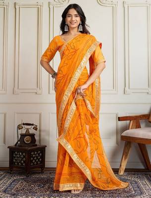 Yellow bandhani printed embroidered pure georgette bandhani saree 3