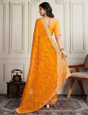 Yellow bandhani printed embroidered pure georgette bandhani saree 4