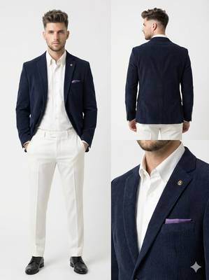 Navy blue tailored corduroy notch lapel blazer 3