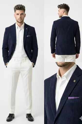 Navy blue tailored corduroy notch lapel blazer