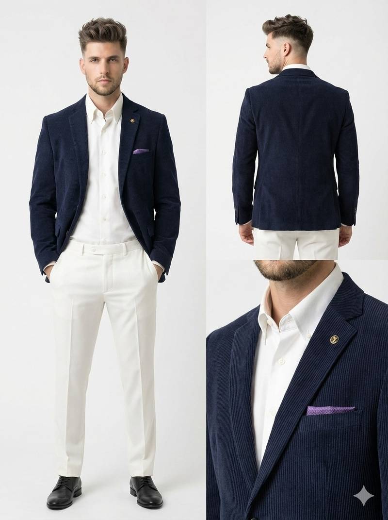 Navy blue tailored corduroy notch lapel blazer