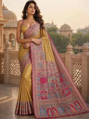 Gold woven design silk blend saree 4