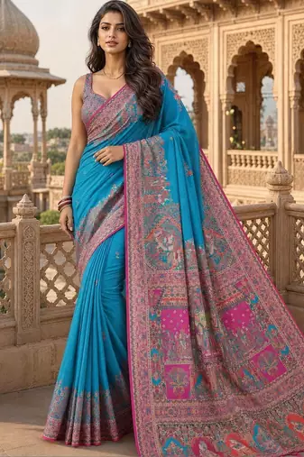 Blue ethnic motifs zari silk blend saree
