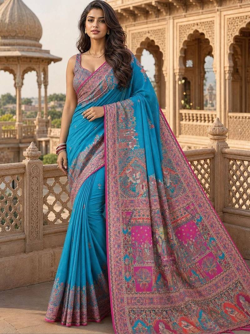 Blue ethnic motifs zari silk blend saree