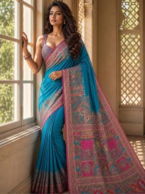 Blue ethnic motifs zari silk blend saree 2
