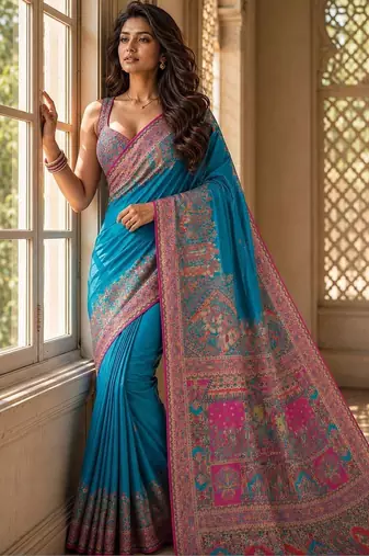 Blue ethnic motifs zari silk blend saree
