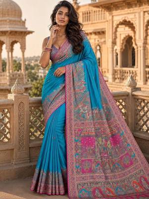 Blue ethnic motifs zari silk blend saree 4