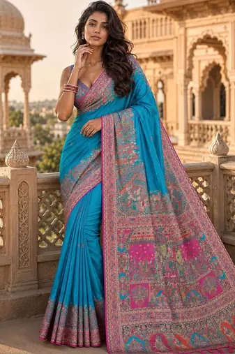Blue ethnic motifs zari silk blend saree