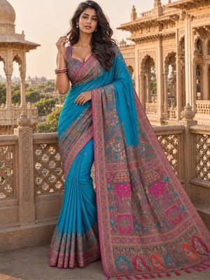 Blue ethnic motifs zari silk blend saree 5