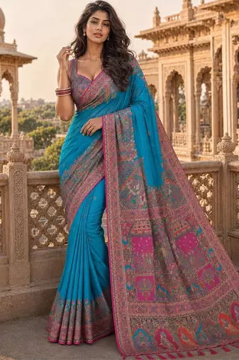 Blue ethnic motifs zari silk blend saree