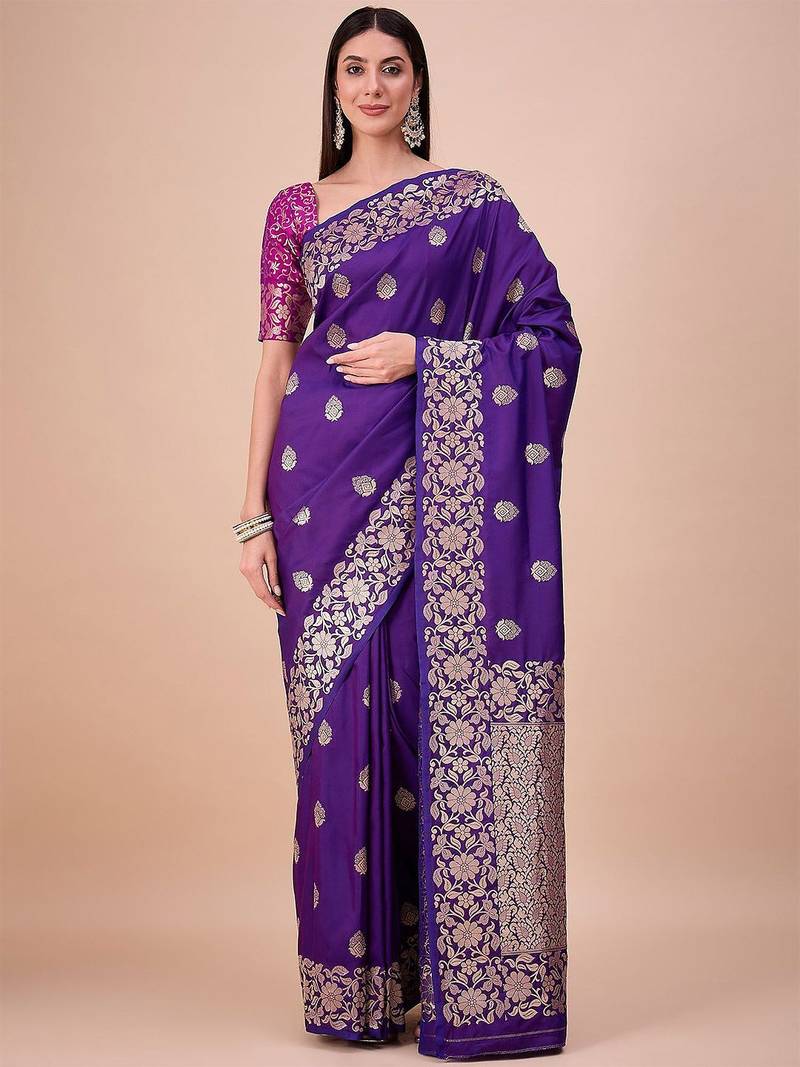 Navy blue ethnic motifs woven zari saree
