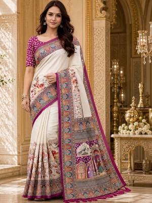 Off white kalamkari silk blend saree 1