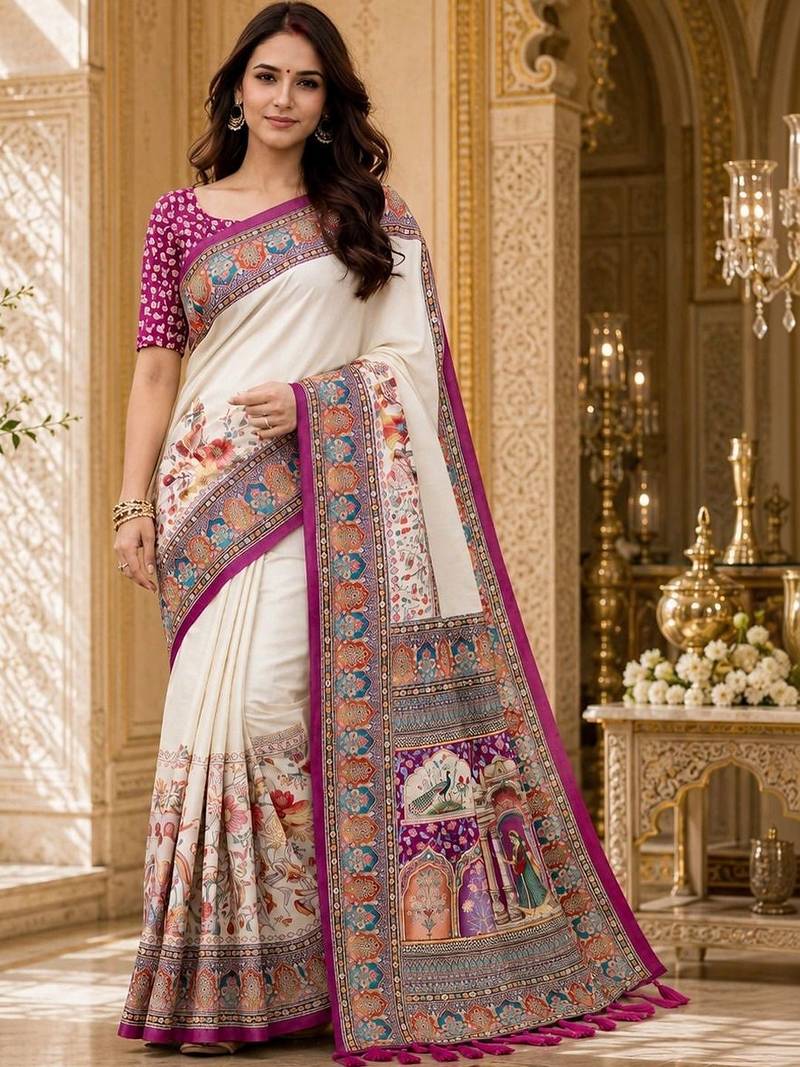 Off white kalamkari silk blend saree