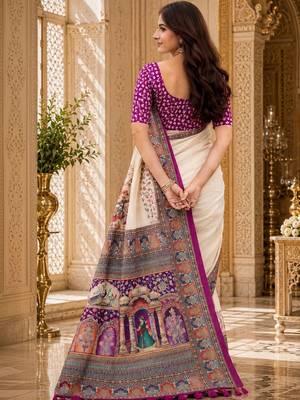 Off white kalamkari silk blend saree 3