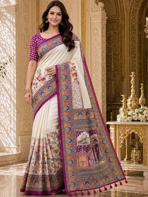 Off white kalamkari silk blend saree 4