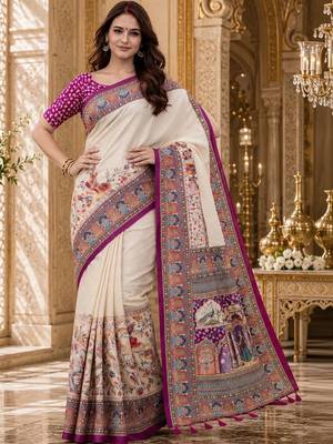 Off white kalamkari silk blend saree 5
