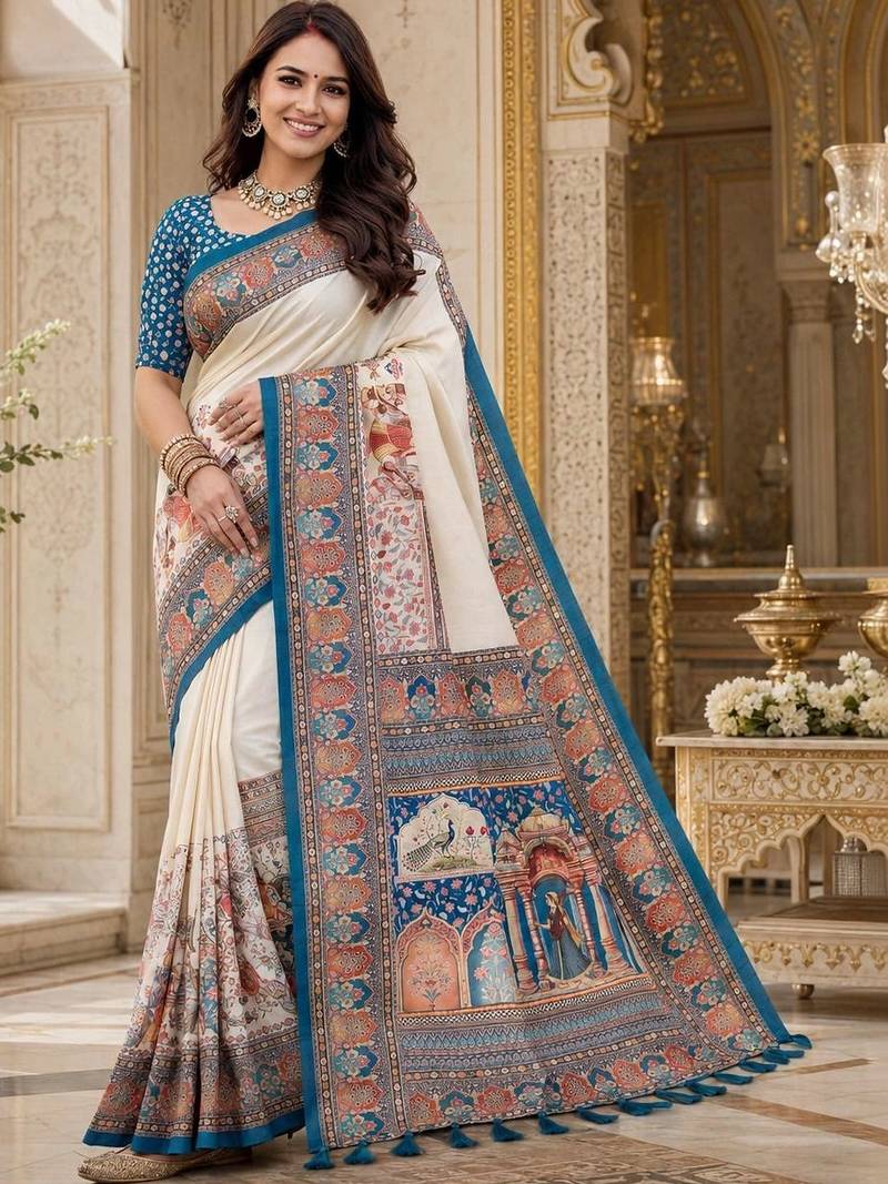 Off white floral silk blend saree