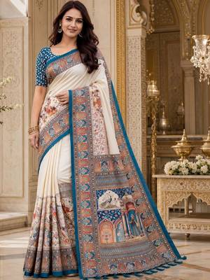 Off white floral silk blend saree 4