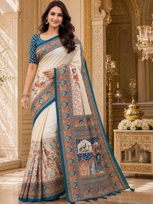 Off white floral silk blend saree 5
