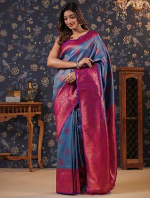 Blue ethnic motifs woven design silk blend banarasi sarees 1