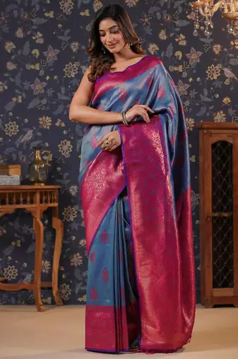 Blue ethnic motifs woven design silk blend banarasi sarees