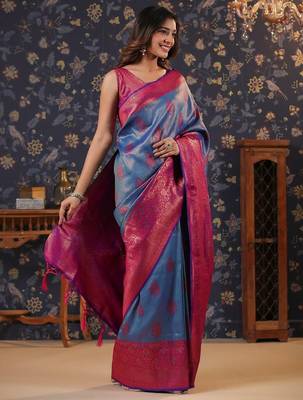 Blue ethnic motifs woven design silk blend banarasi sarees 2