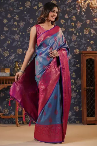 Blue ethnic motifs woven design silk blend banarasi sarees