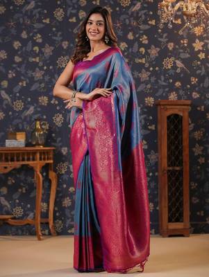 Blue ethnic motifs woven design silk blend banarasi sarees 3