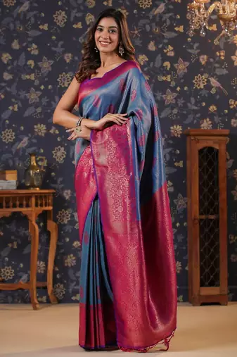 Blue ethnic motifs woven design silk blend banarasi sarees