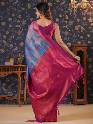 Blue ethnic motifs woven design silk blend banarasi sarees 4