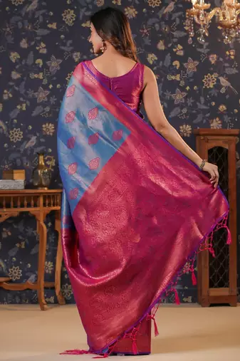 Blue ethnic motifs woven design silk blend banarasi sarees